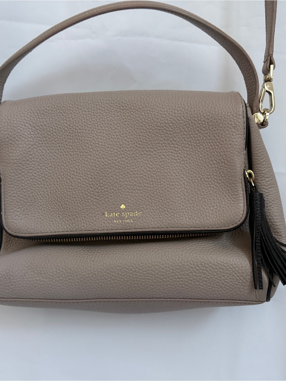 kate spade taupe pebble leather flap shoulder bag with tassel